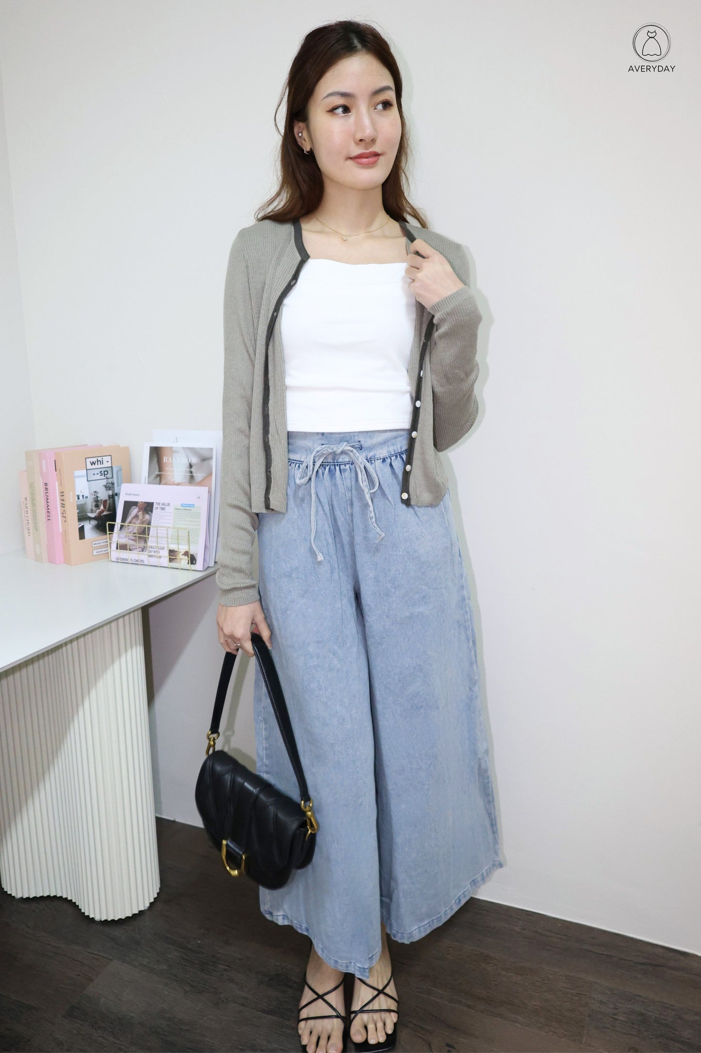 Heidi Contrast Soft Ribbed Cardigan In Slate Grey