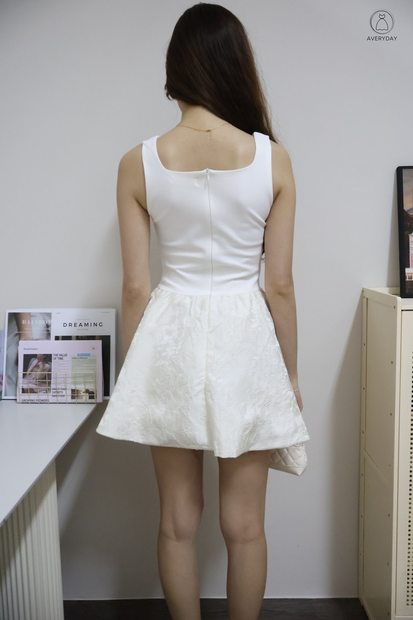 霓影 (Ní Yǐng) Festive Bloom Lace Romper Dress In White (With Camellia Chain Sling)