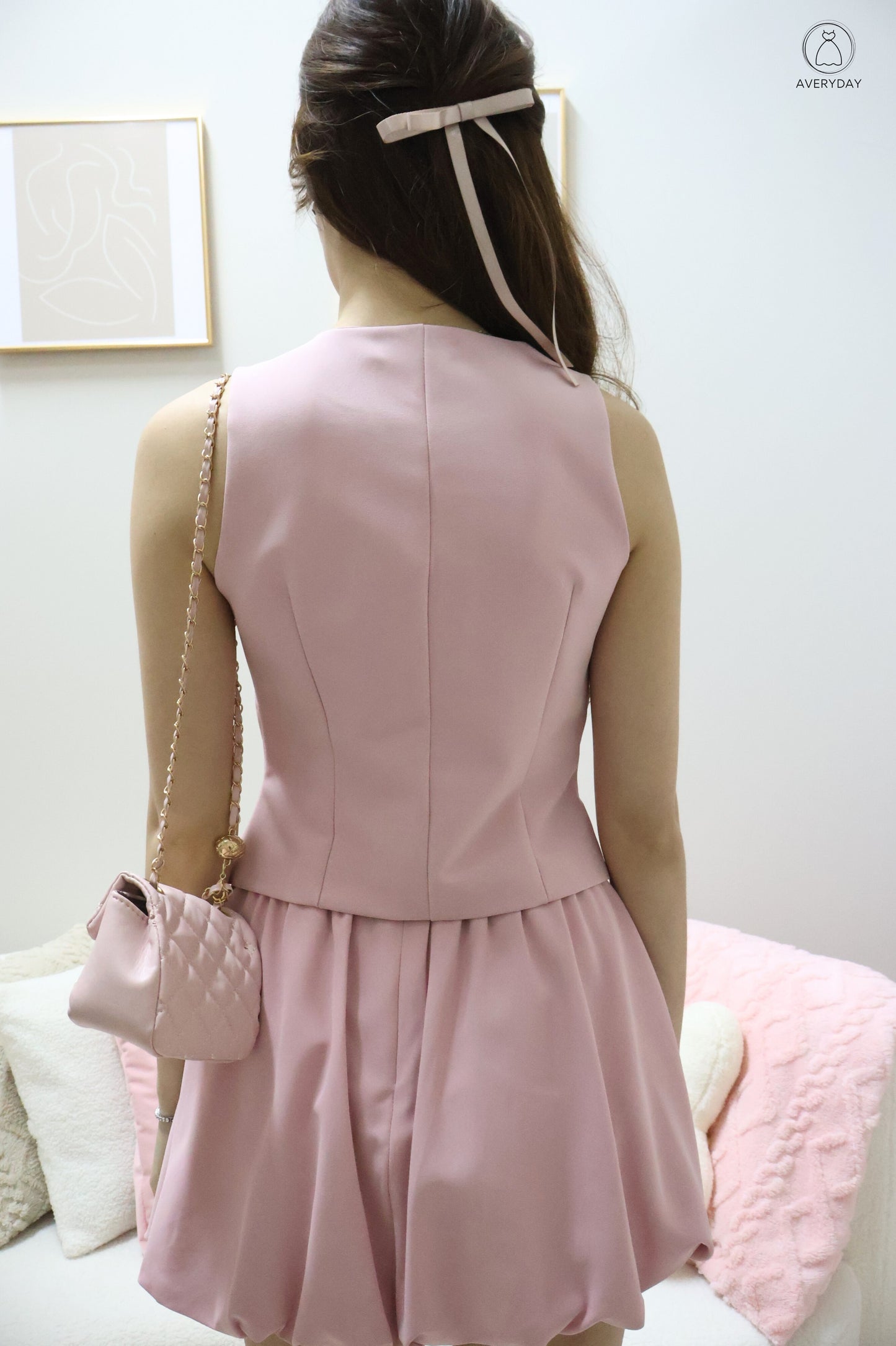 Chelsy Pearl Button Bubble Hem Co-Ords Set In Pink