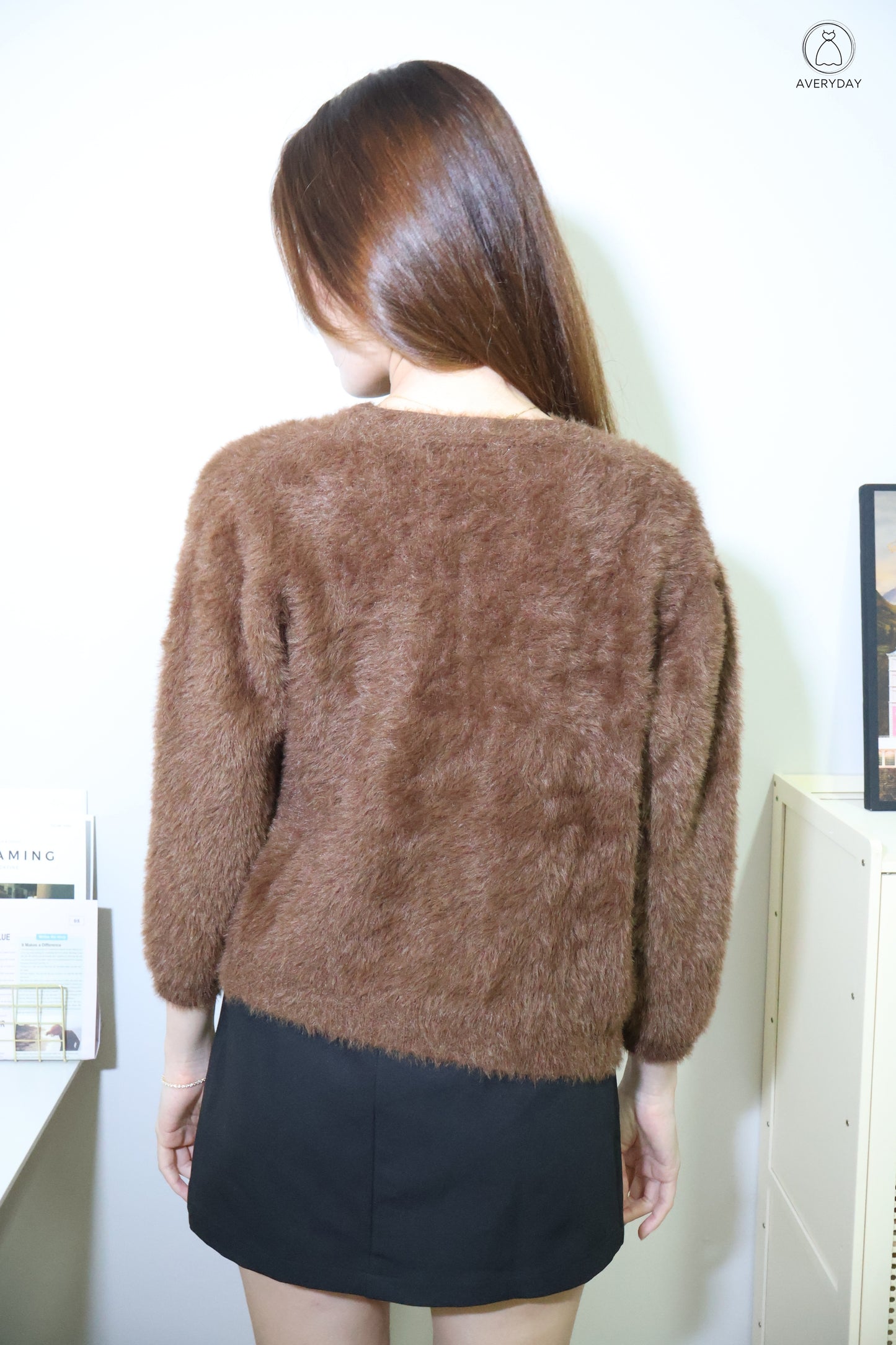Tully Furry Pearl Button Cardigan In Brown