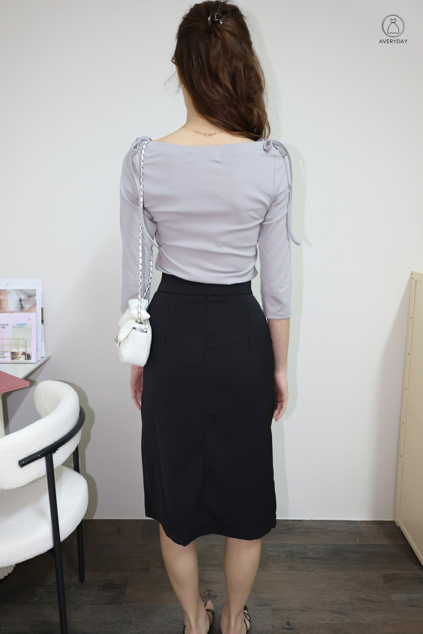 Amaya Ribbon Tie Boatneck Blouse In Grey