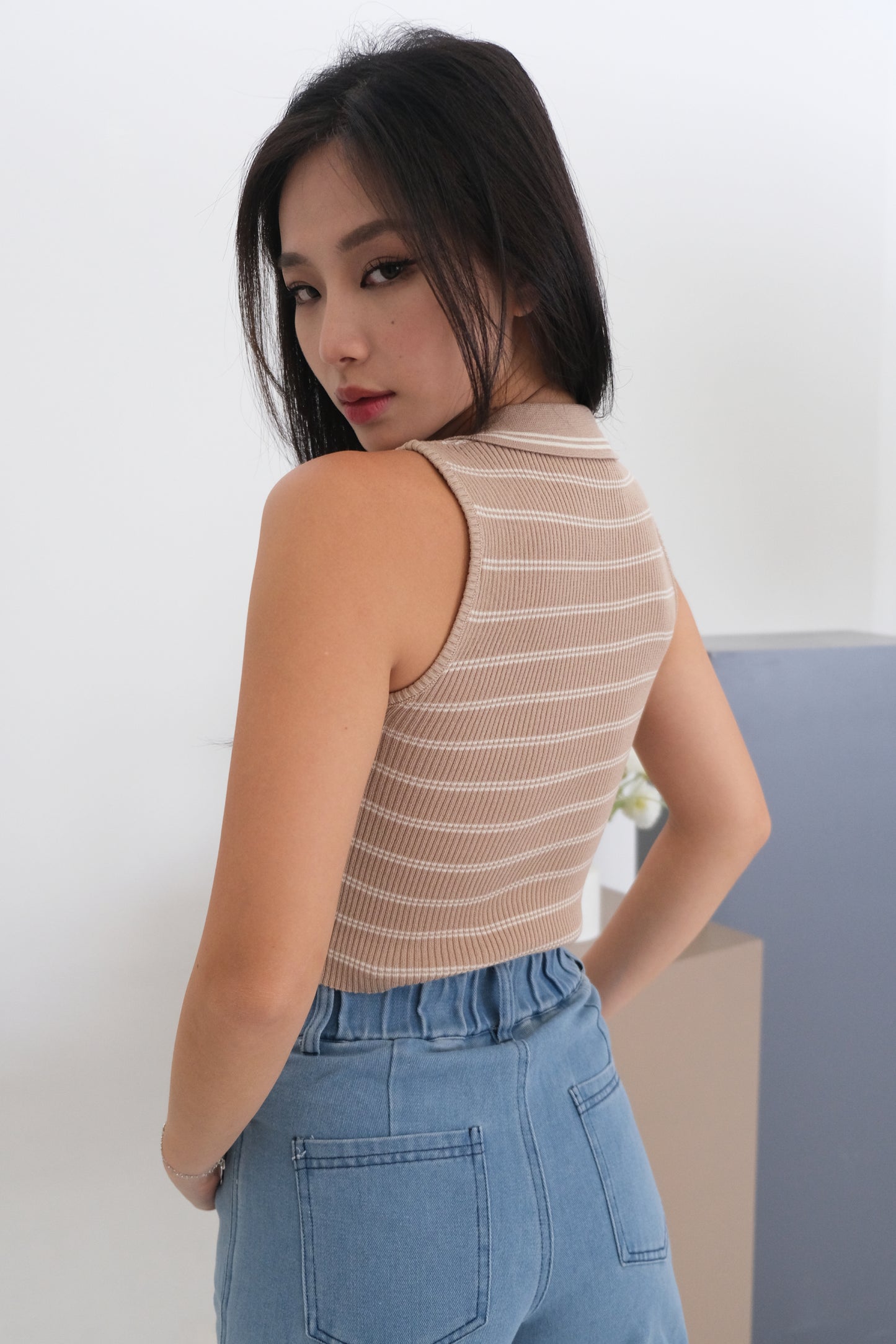 Marien Knit Stripe Collar Top in Mocha