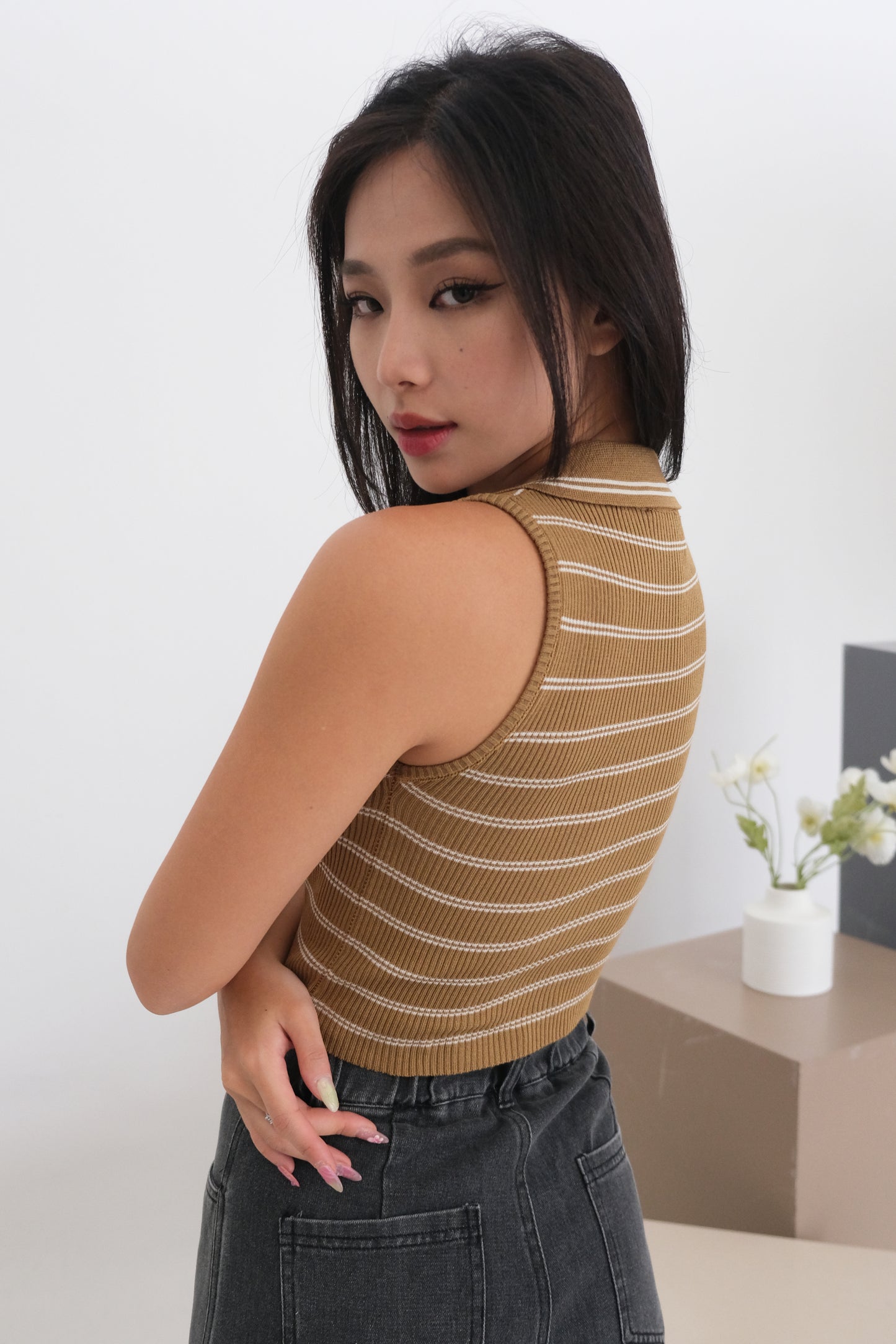 Marien Knit Stripe Collar Top in Mustard