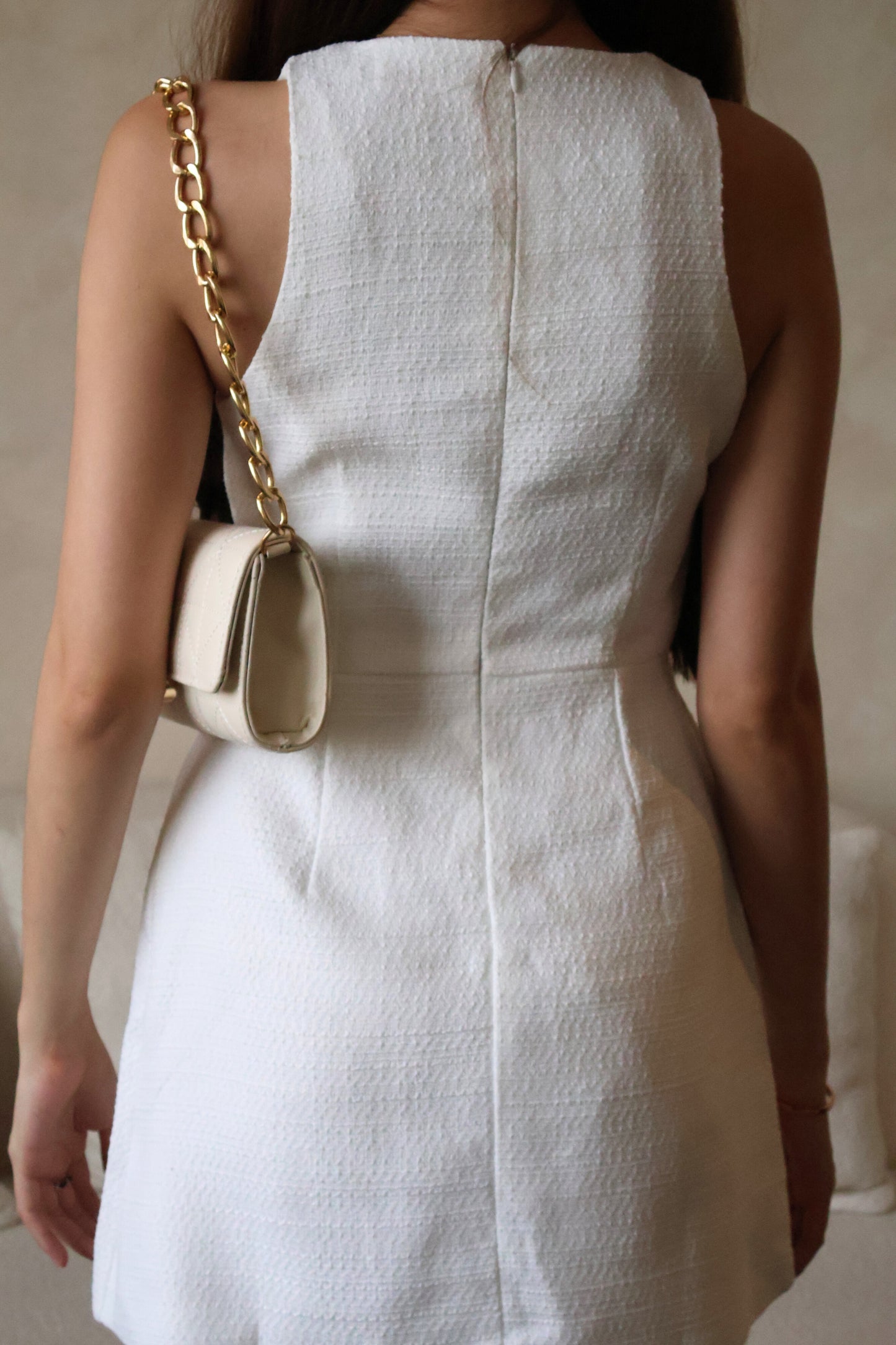 *Premium* Maya Pearl Rhinestone Buttons Tweed Dress In White