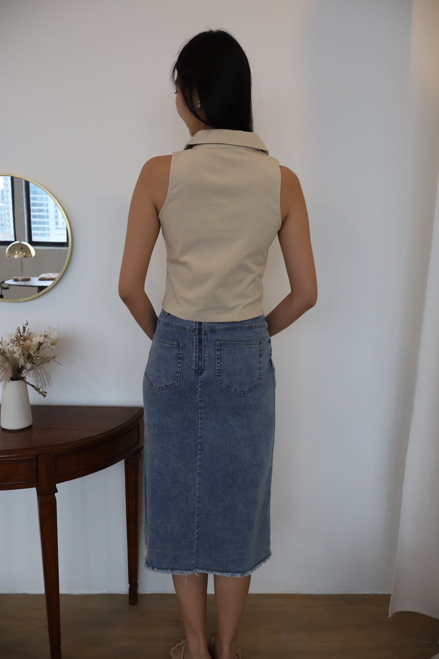 Celine Side Slit Denim Skirt In Mid Wash