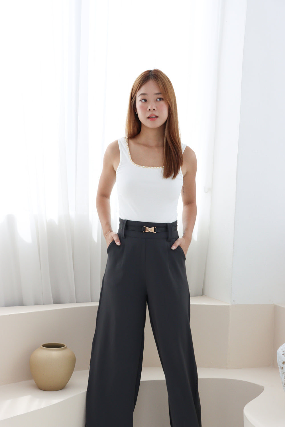 Sonrea Belted High Waist Pants in Grey