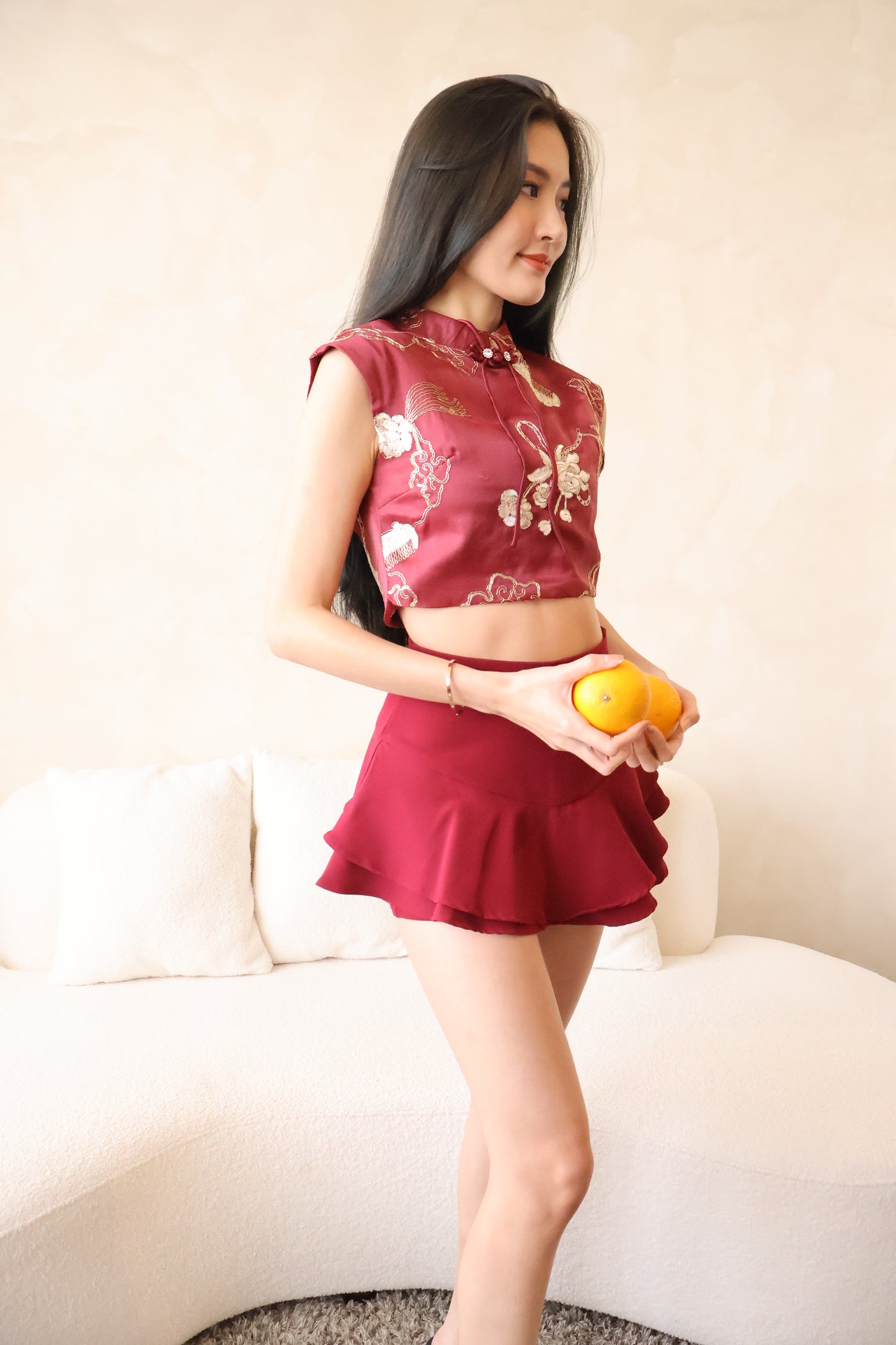 *CNY* *Premium* Xi Le Oriental Co-Ords Set In Maroon