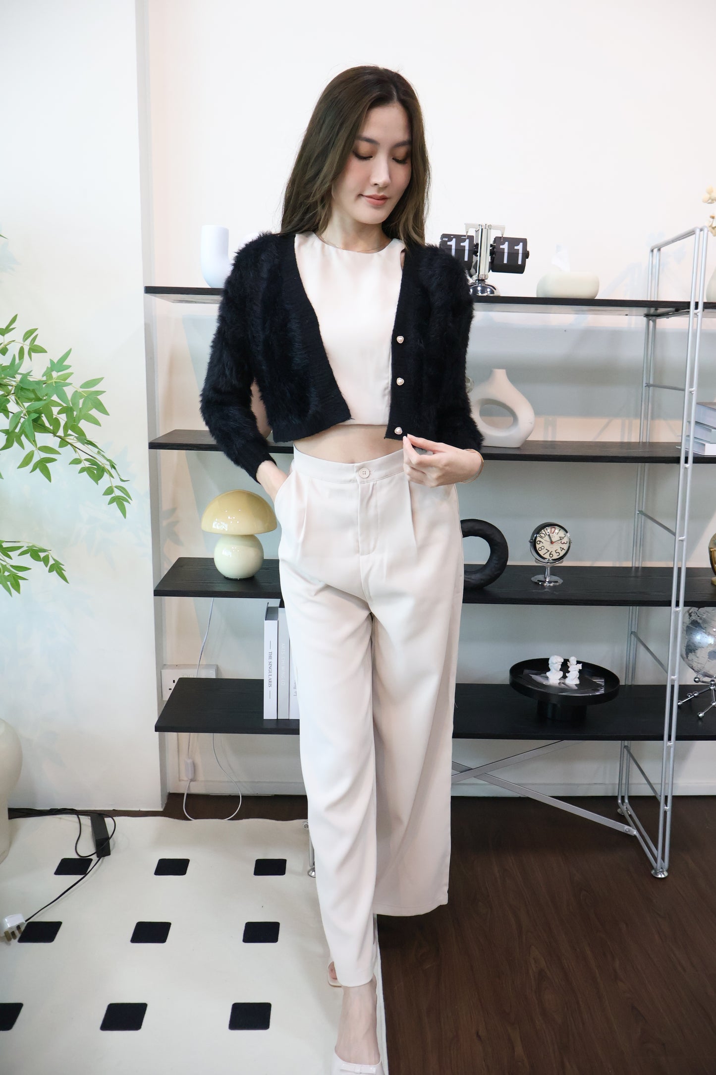 Zeta Heart Button Soft Furry Cardigan In Black