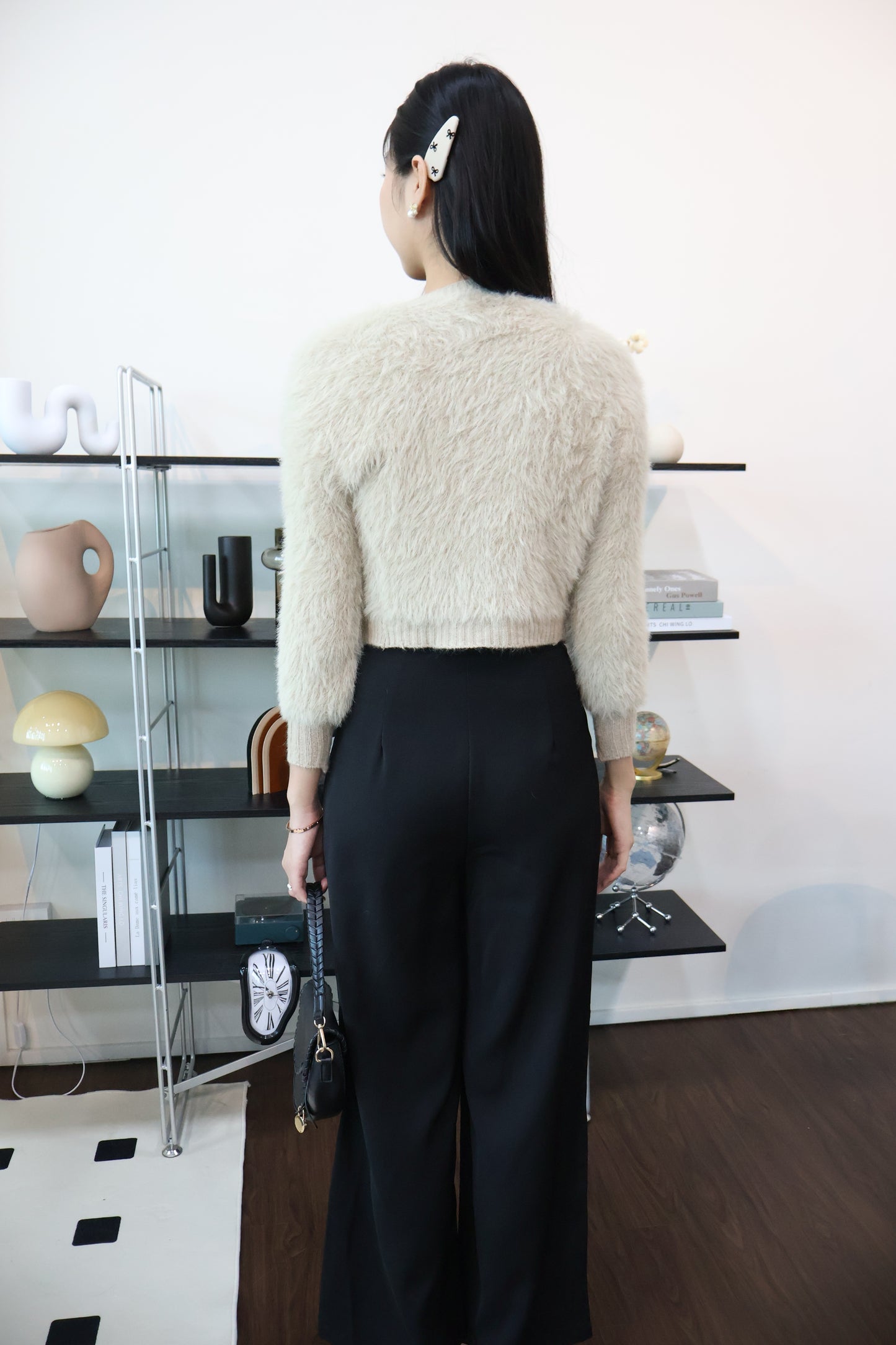 Zeta Heart Button Soft Furry Cardigan In Khaki