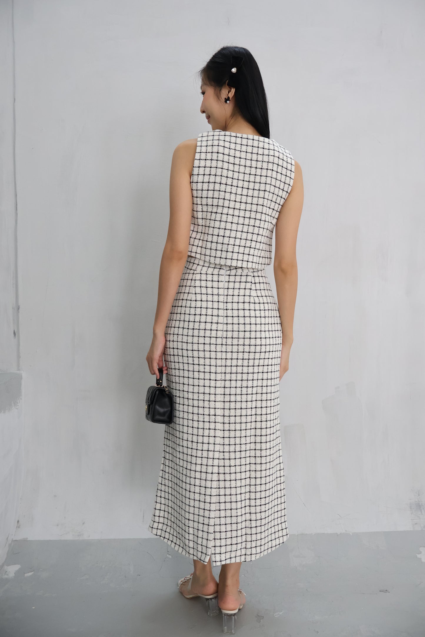 *Premium* Aura Tweed Pearl Button Midi Skirt Co-Ords In White