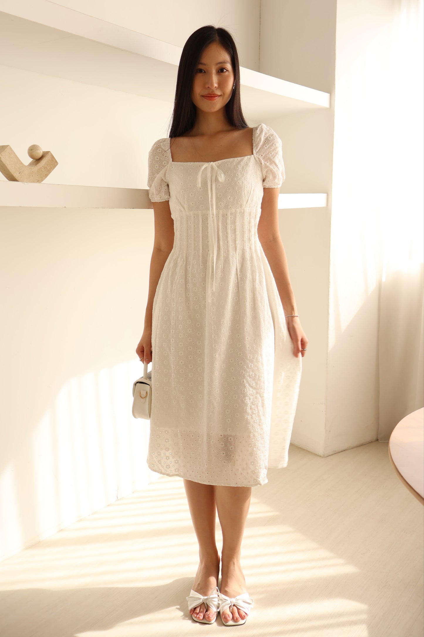 Kymi Eyelet Petal Midi Dress In White