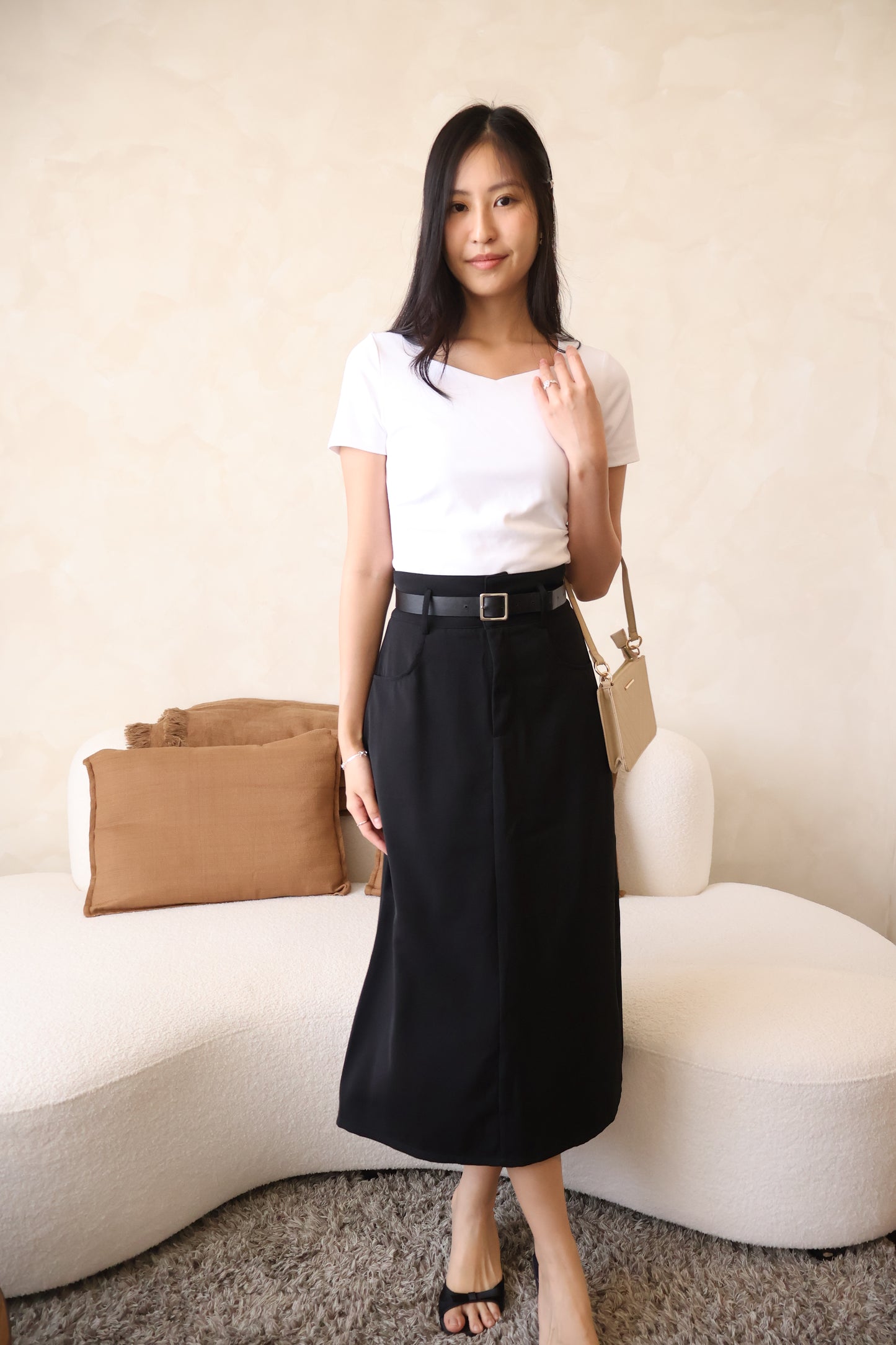 Juniper Belted A-Line Midi Skirt In Black