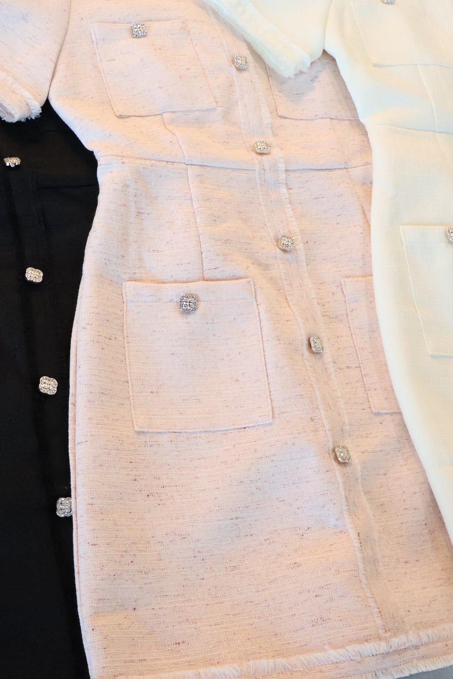 *Premium* Leigh Bejeweled Button Tweed Dress In Blush