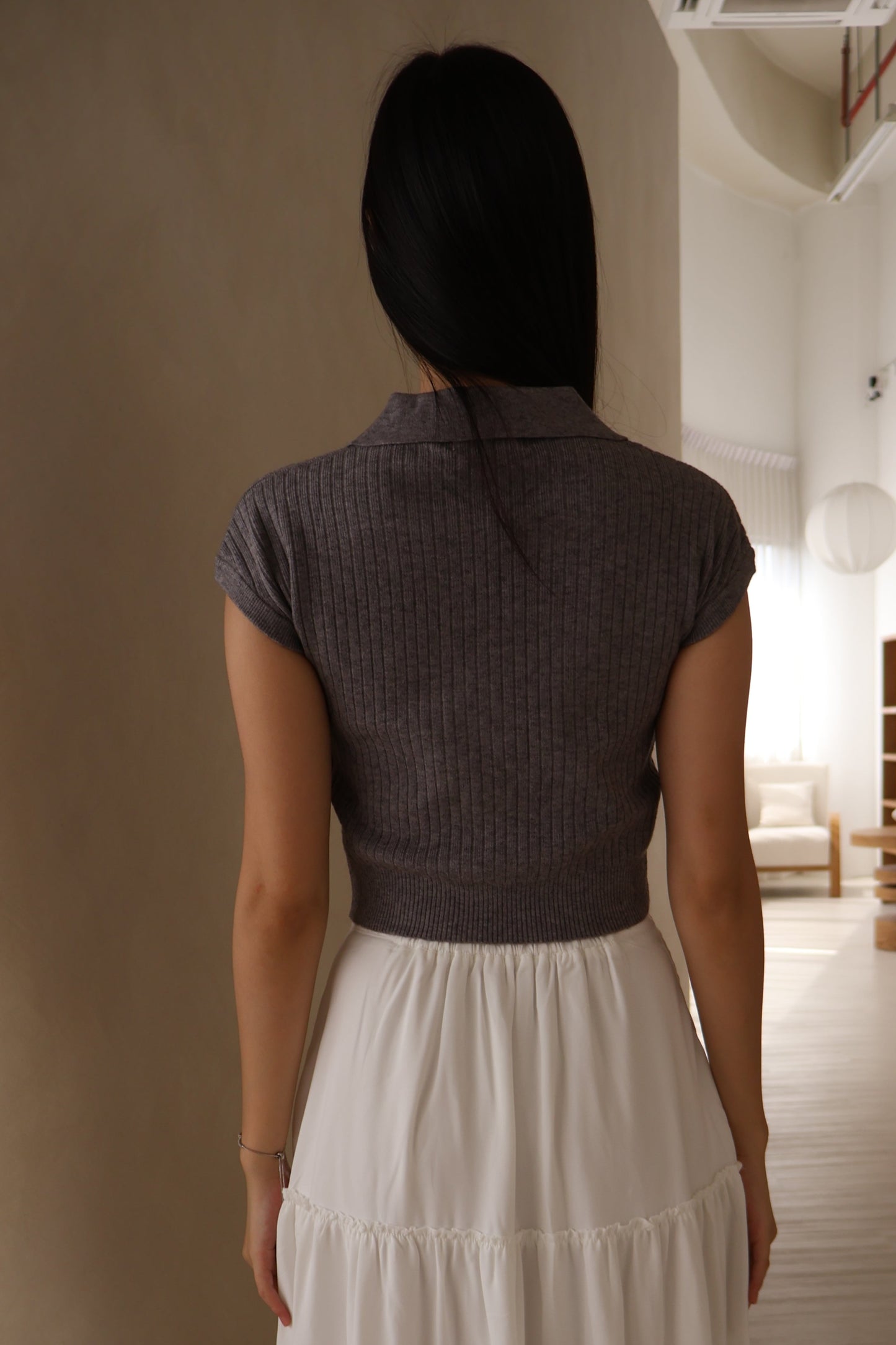 Brenda Cherry Soft Knit Collar Top In Grey