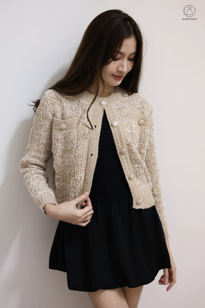 *Premium* Chenise Floral Button Glitter Knit Cardigan In Toffee