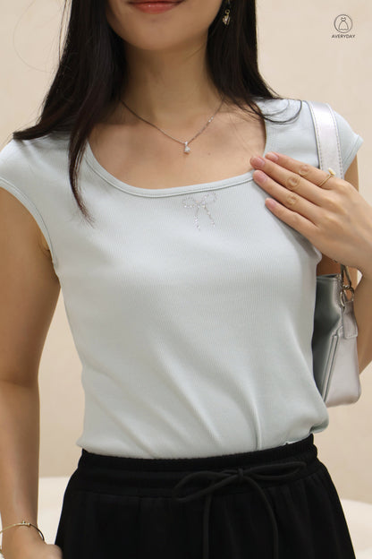 Mara Rhinestone Rib Ribbon Top in Seafoam