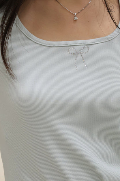 Mara Rhinestone Rib Ribbon Top in Seafoam