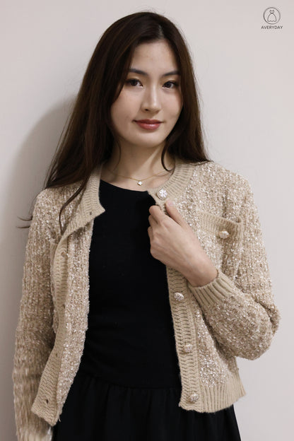 *Premium* Chenise Floral Button Glitter Knit Cardigan In Toffee