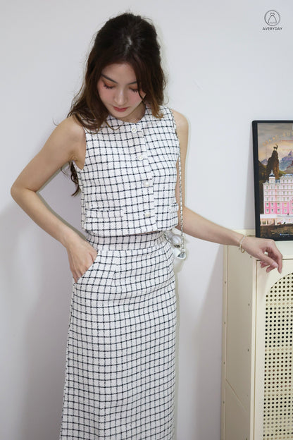 *Premium* Audette Tweed Pearl Button Midi Skirt Co-Ords In White