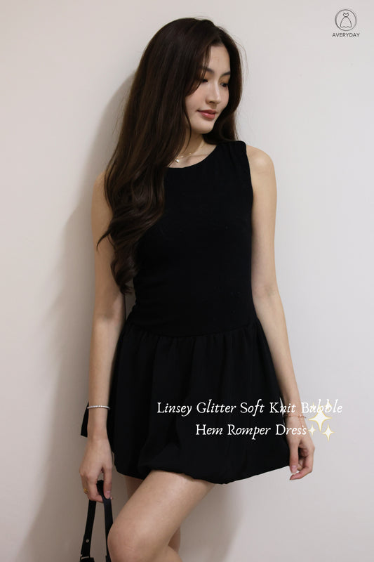 Linsey Glitter Soft Knit Bubble Hem Romper Dress In Classic Black