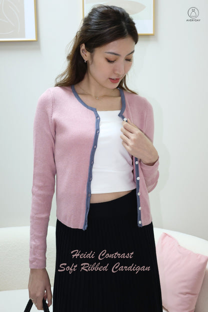 Heidi Contrast  Soft Ribbed Cardigan In Mulberry
