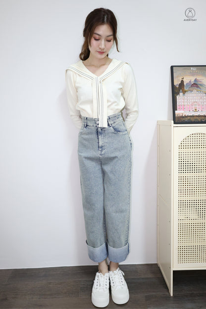 Tayler Nautical Tie Front Knit Top In Cream