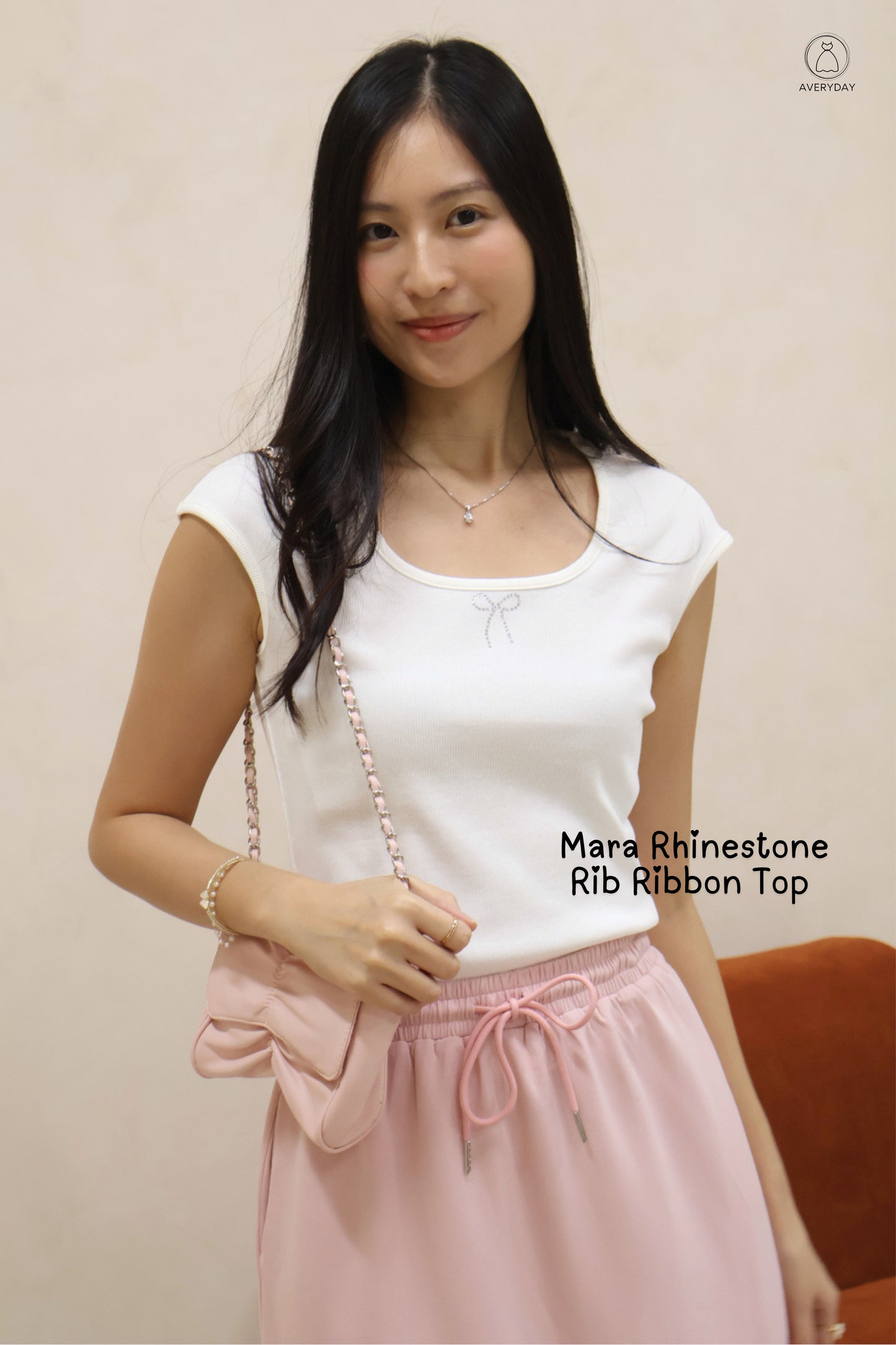 Mara Rhinestone Rib Ribbon Top in White
