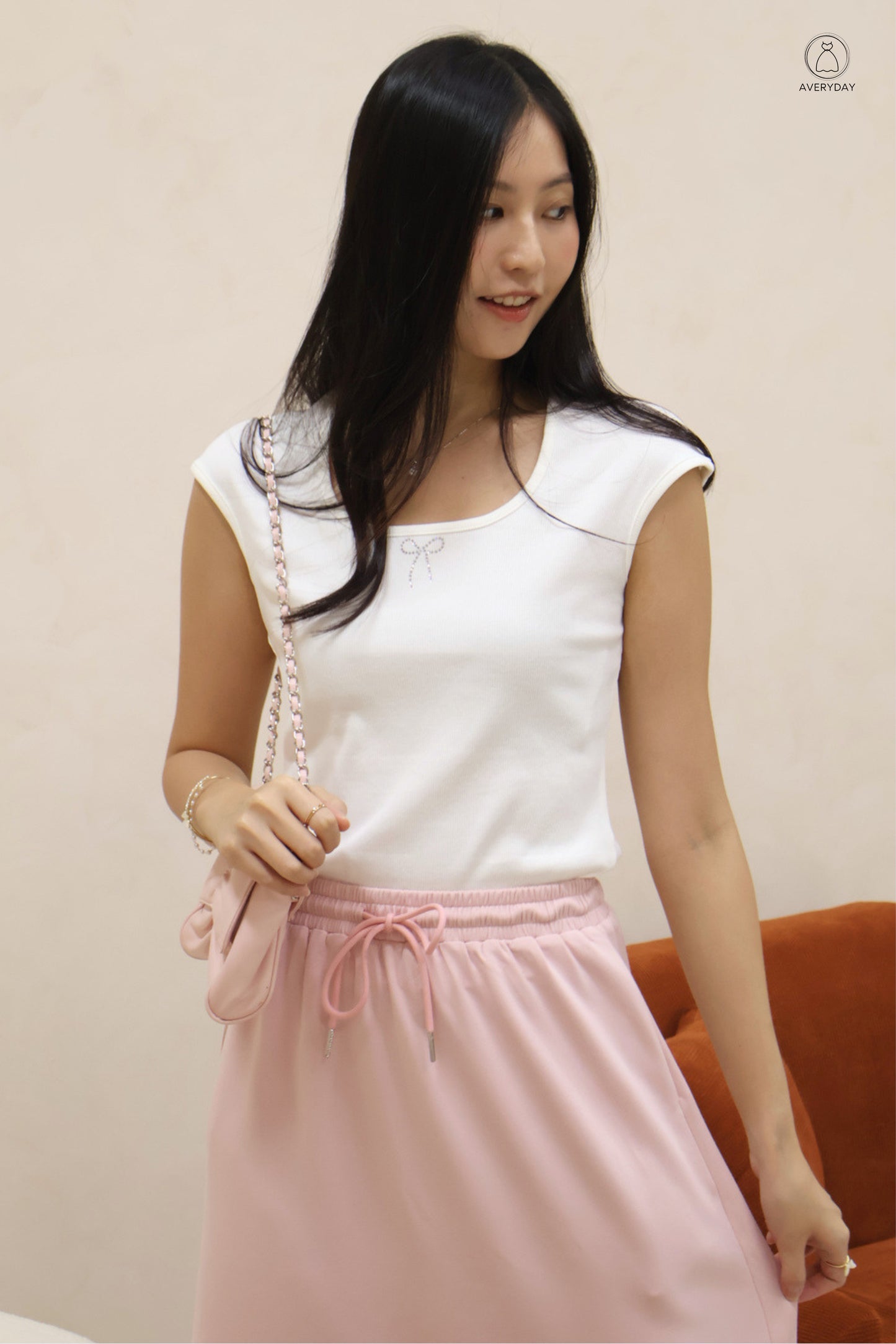 Mara Rhinestone Rib Ribbon Top in White