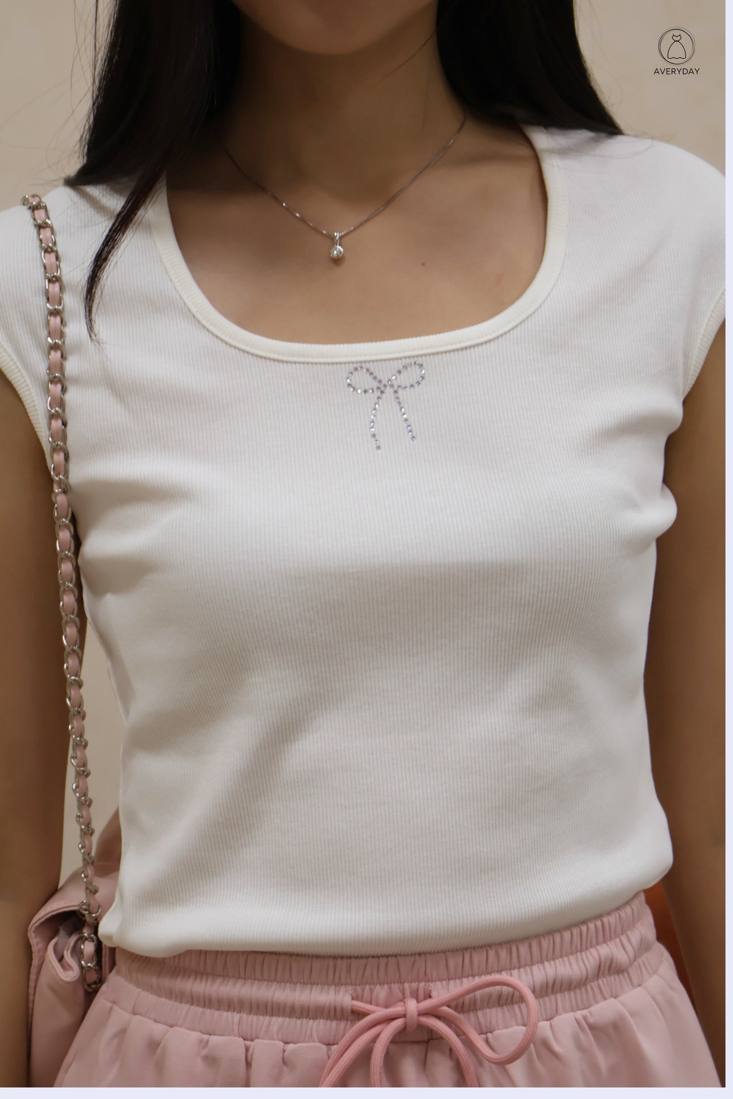 Mara Rhinestone Rib Ribbon Top in White