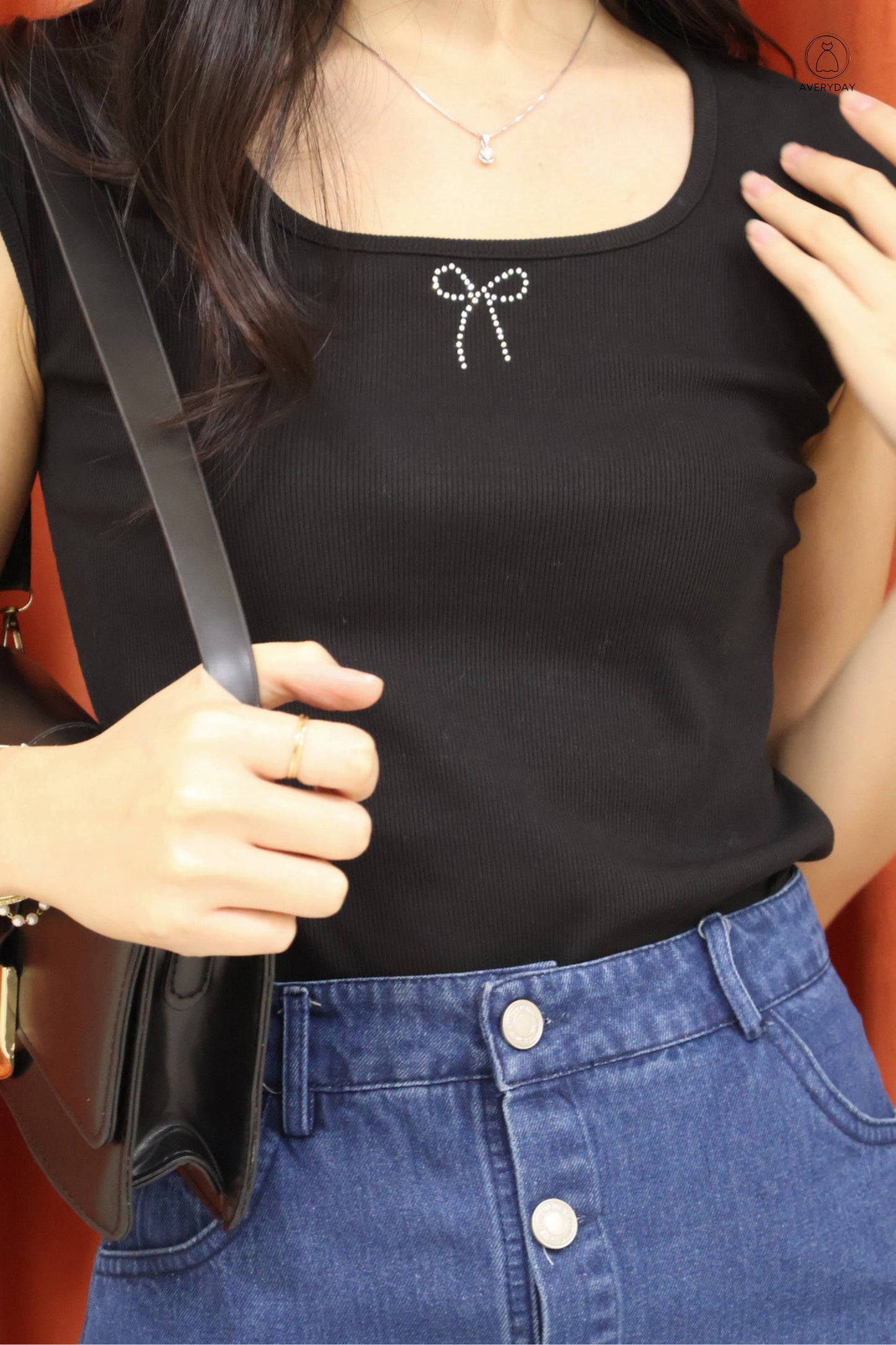 Mara Rhinestone Rib Ribbon Top in Black