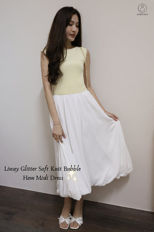 Linsey Glitter Soft Knit Bubble Hem Midi Dress In Butter Cream