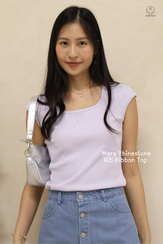 Mara Rhinestone Rib Ribbon Top in Lilac