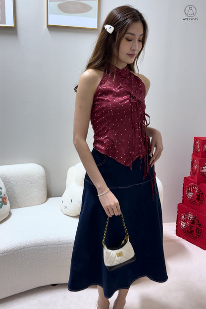 *Premium* 漫 (Màn) Pocket Denim Flutter Flare Midi Skirt In Dark Wash