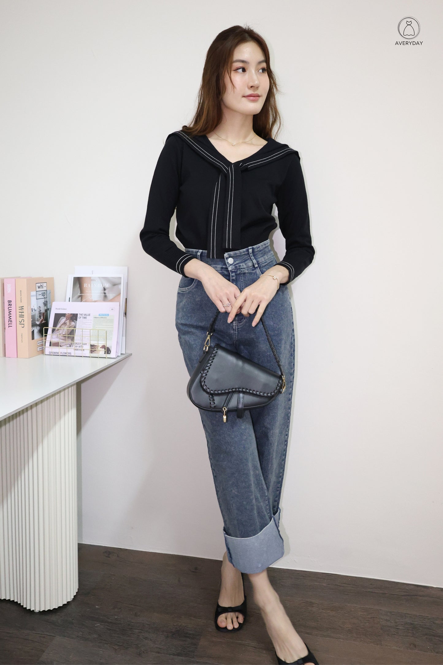 Lindy Washed Denim Cuffed Jeans (Dark)