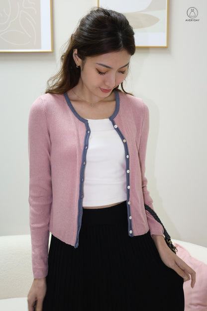 Heidi Contrast  Soft Ribbed Cardigan In Mulberry