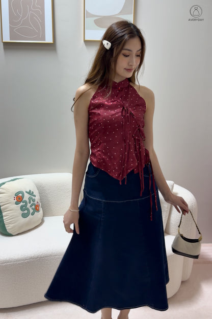 *Premium* 漫 (Màn) Pocket Denim Flutter Flare Midi Skirt In Dark Wash