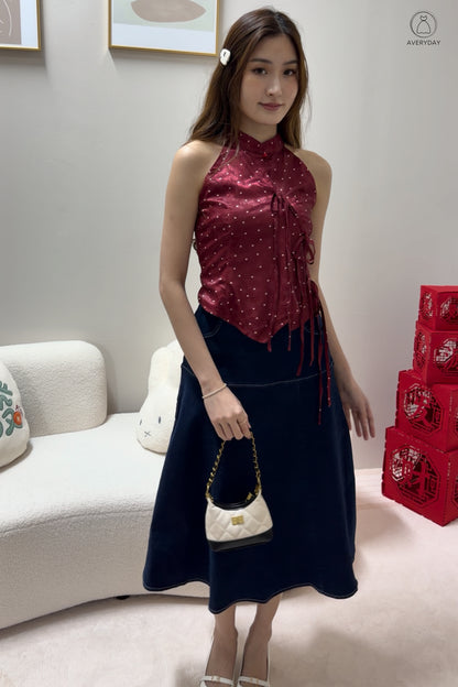 *Premium* 漫 (Màn) Pocket Denim Flutter Flare Midi Skirt In Dark Wash