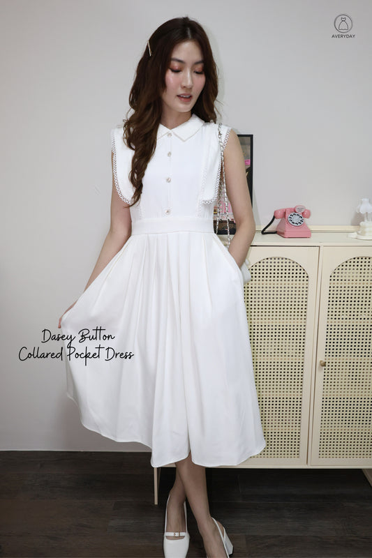 *Premium* Dasey Button Collared Pocket Dress In White