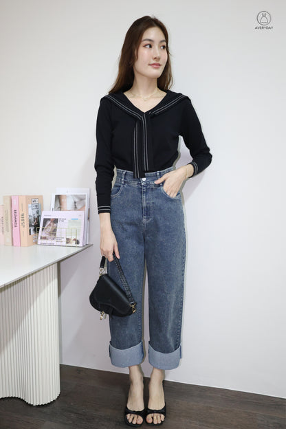 Tayler Nautical Tie Front Knit Top In Black