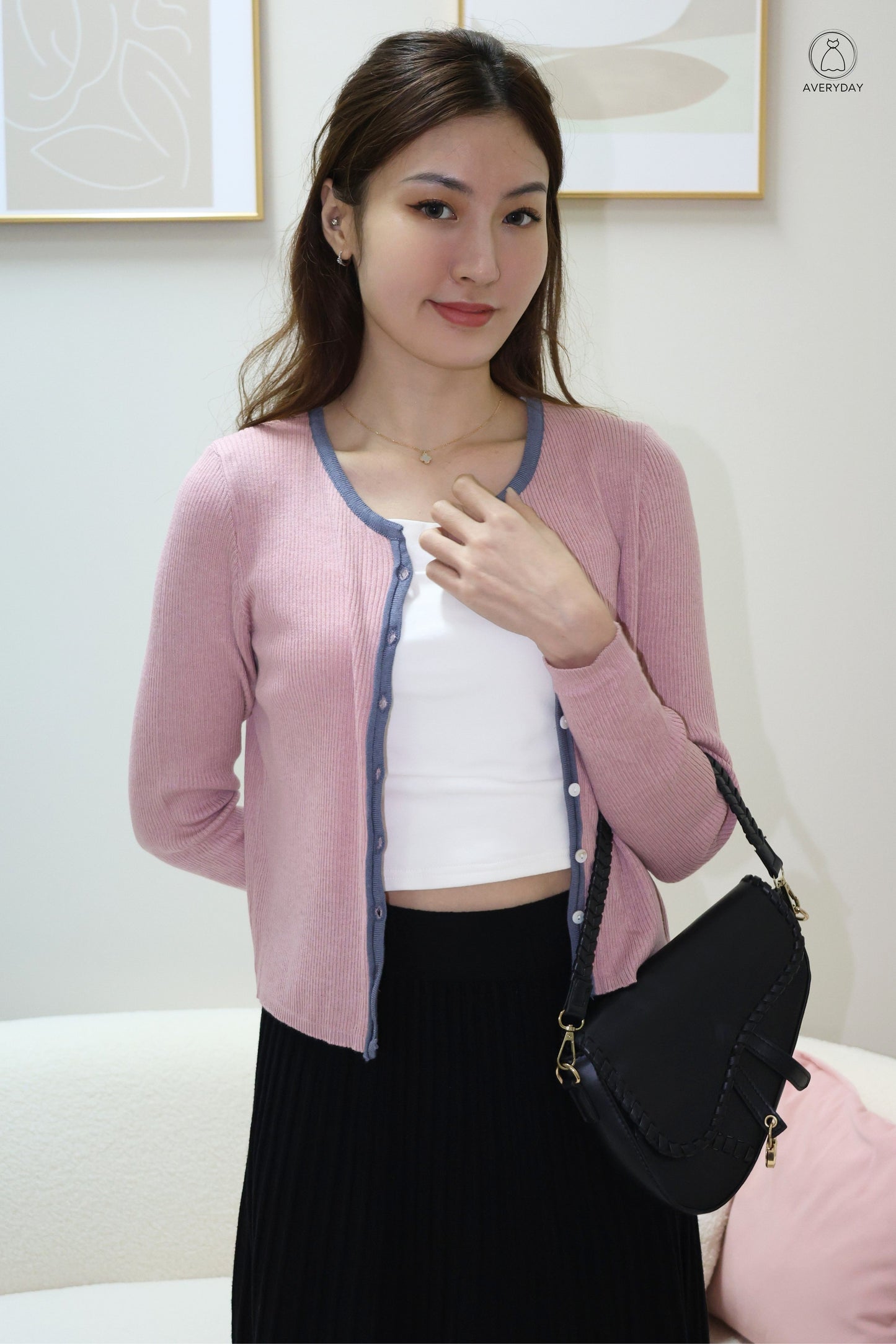 Heidi Contrast  Soft Ribbed Cardigan In Mulberry