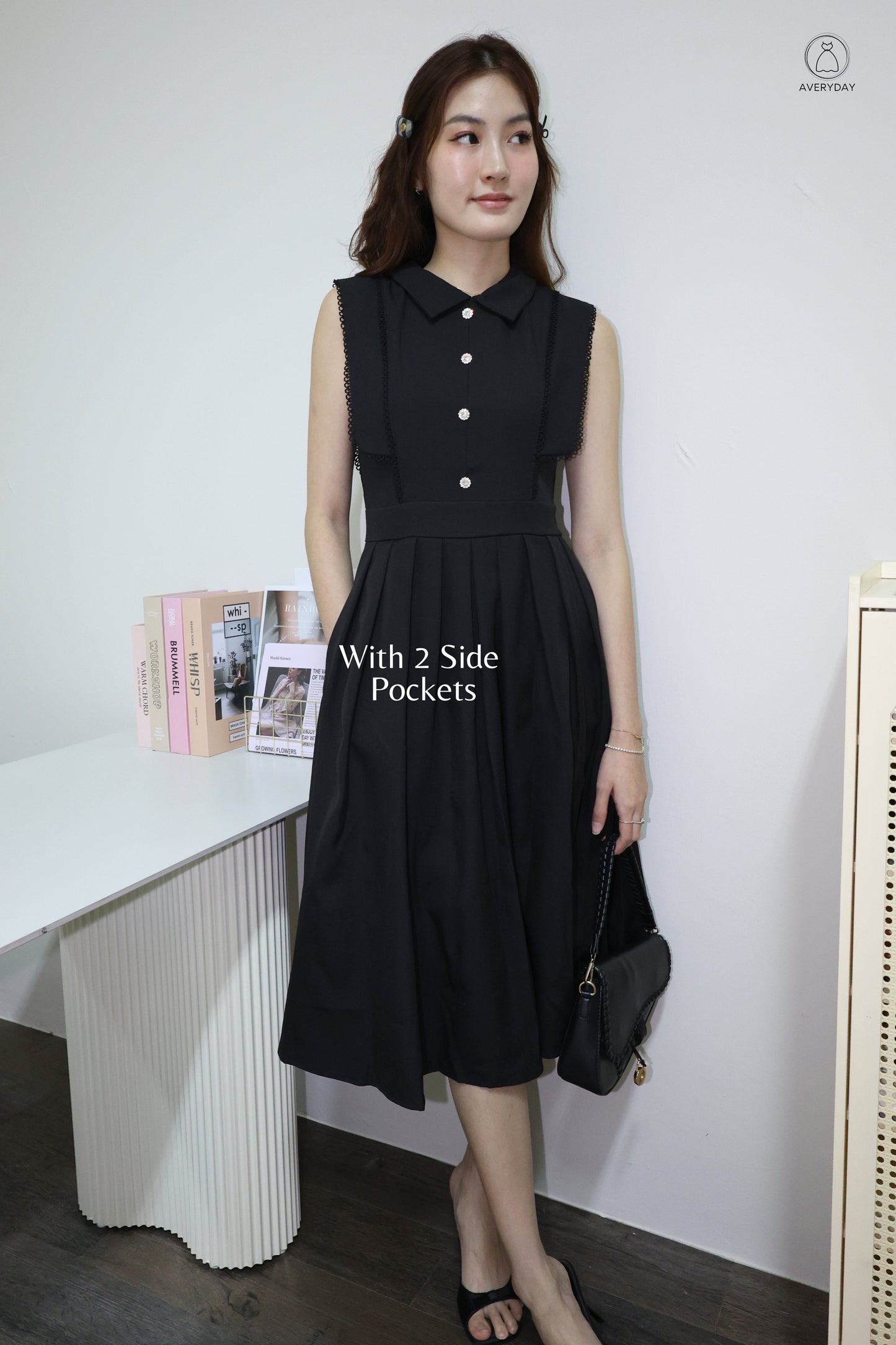 *Premium* Dasey Button Collared Pocket Dress In Black