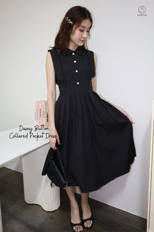 *Premium* Dasey Button Collared Pocket Dress In Black
