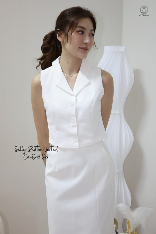 Selly Button Vested Co-Ord Set In White