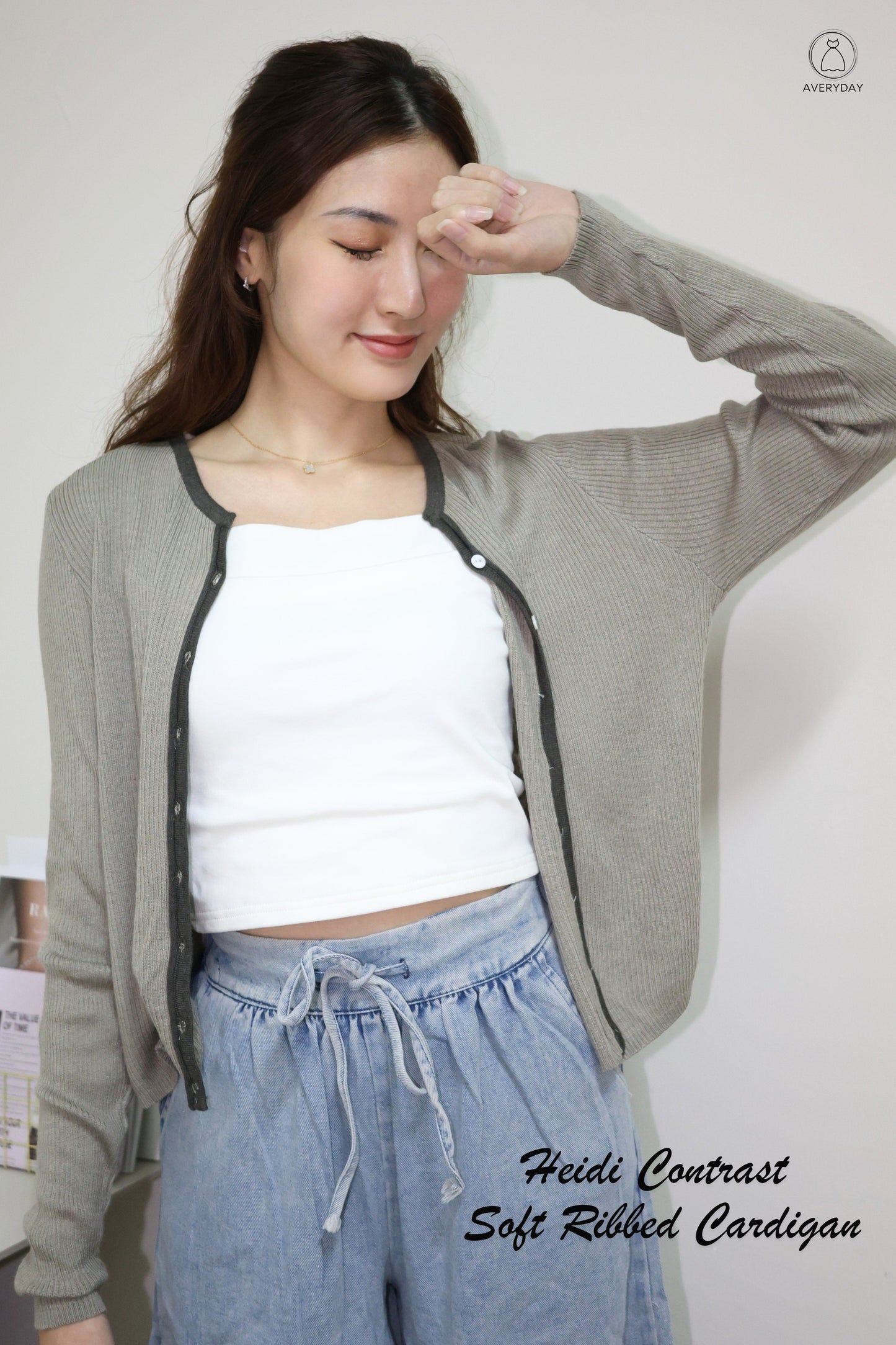Heidi Contrast  Soft Ribbed Cardigan In Slate Grey