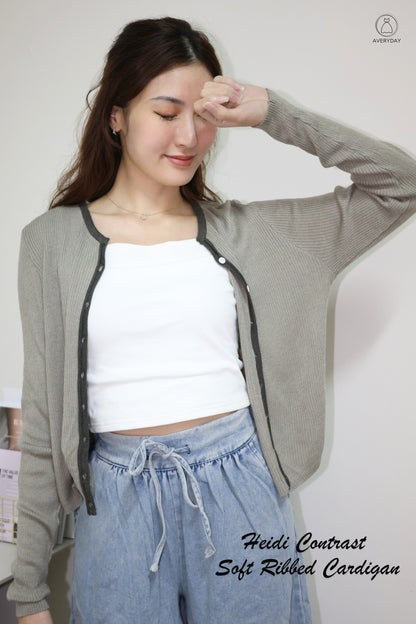 Heidi Contrast  Soft Ribbed Cardigan In Slate Grey