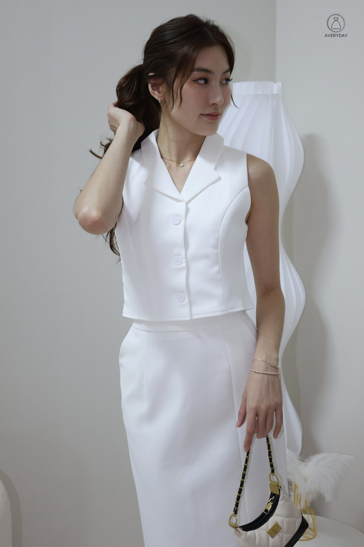Selly Button Vested Co-Ord Set In White