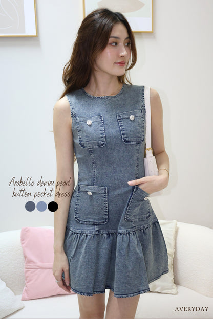 Arabelle denim pearl button pocket dress In Grey Wash