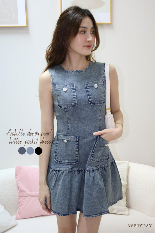 Arabelle denim pearl button pocket dress In Grey Wash