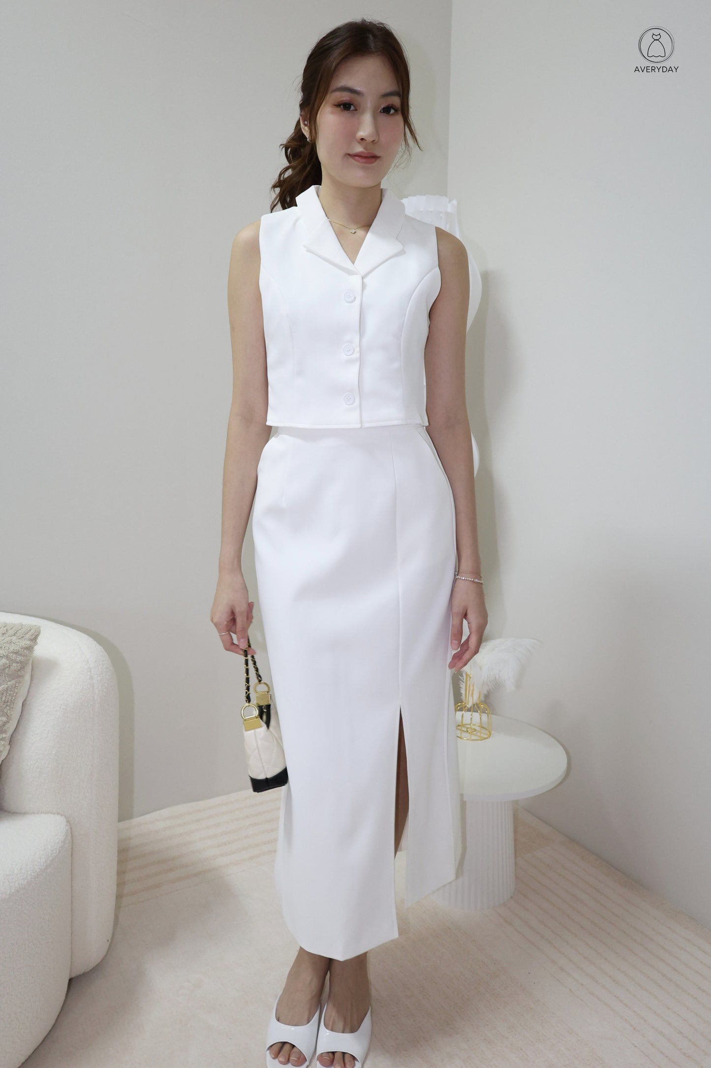 Selly Button Vested Co-Ord Set In White