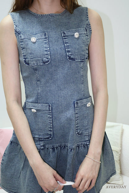 Arabelle denim pearl button pocket dress In Grey Wash